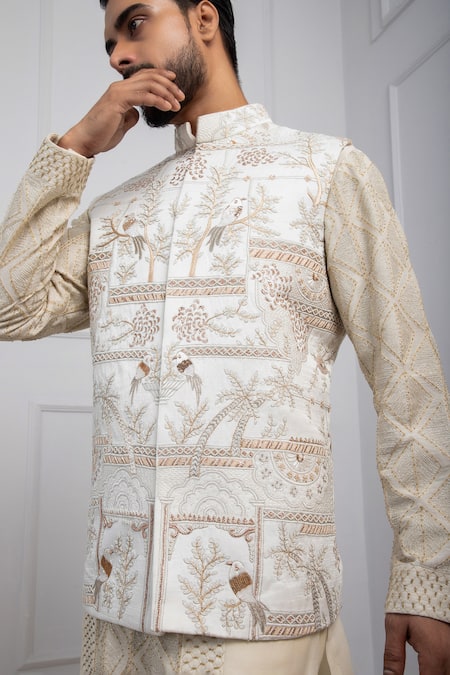 Buy_Smriti By Anju Agarwal_Ivory Chanderi, Cotton, Linen, Satin Embroidery, Beads Nehru Jacket And Kurta Set _Online_at_Aza_Fashions