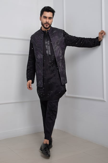 Smriti by Anju Agarwal Obsidian Mirror Embroidered Nehru Jacket & Kurta Set 