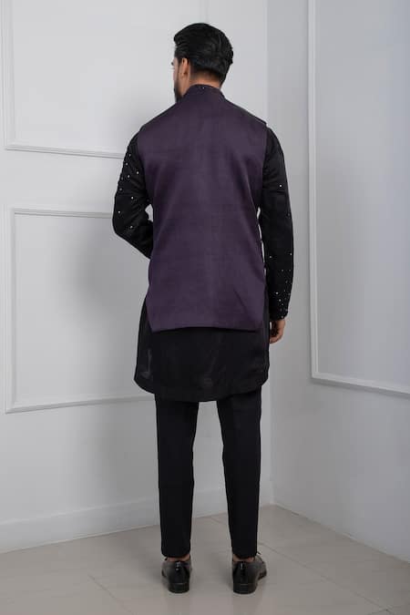 Smriti By Anju Agarwal_Black Silk, Cotton, Linen, Satin Mirrors Abstract Embroidered Nehru Jacket Set _Online_at_Aza_Fashions