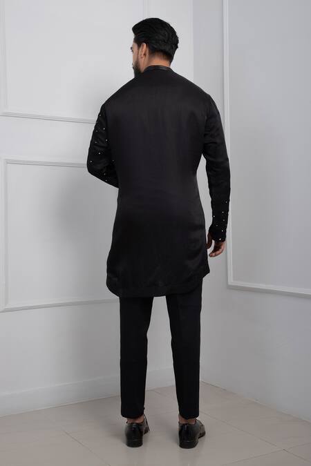 Shop_Smriti By Anju Agarwal_Black Silk, Cotton, Linen, Satin Mirrors Abstract Embroidered Nehru Jacket Set _Online_at_Aza_Fashions