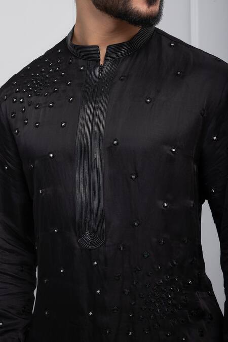 Smriti By Anju Agarwal_Black Silk, Cotton, Linen, Satin Mirrors Abstract Embroidered Nehru Jacket Set _at_Aza_Fashions