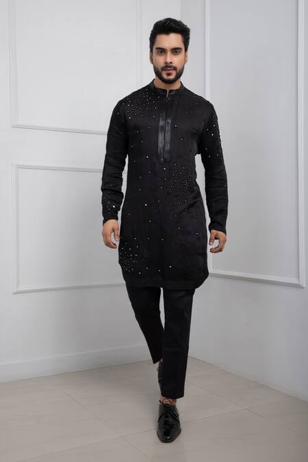 Buy_Smriti By Anju Agarwal_Black Silk, Cotton, Linen, Satin Mirrors Abstract Embroidered Nehru Jacket Set 