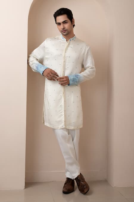 Smriti by Anju Agarwal White Kurta- Linen Satin Mulmul Embroidered Arctic Pearl Floral With Pant 