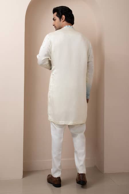 Smriti By Anju Agarwal_White Linen, Cotton Beads, Embroidery Arctic Pearl Floral Kurta With Pant _Online_at_Aza_Fashions