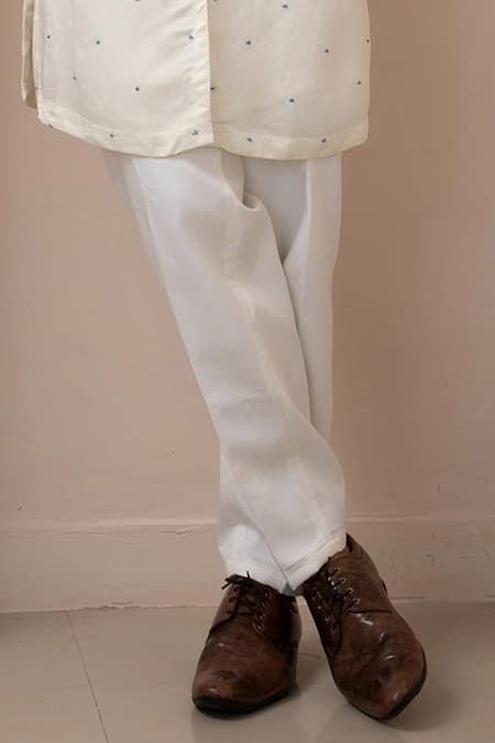 Buy_Smriti By Anju Agarwal_White Linen, Cotton Beads, Embroidery Arctic Pearl Floral Kurta With Pant _Online_at_Aza_Fashions