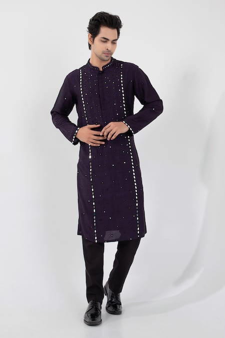 Smriti by Anju Agarwal Purple Kurta- Silk Mulmul Embroidered Thread Mirror Nehru Jacket And Set 