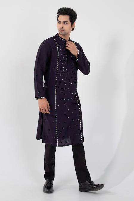 Smriti By Anju Agarwal_Purple Silk, Cotton, Linen, Satin Mirrors, Beads, Nehru Jacket And Kurta Set _at_Aza_Fashions