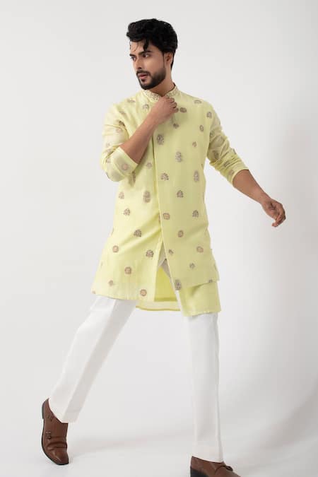 Smriti by Anju Agarwal Green Kurta Silk Mulmul Embroidered Thread Work Pop Sorbet And Pant Set 