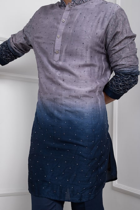 Shop_Smriti By Anju Agarwal_Blue Silk, Cotton Beads, Ombre Thread Work Kurta Set With Nehru Jacket _Online_at_Aza_Fashions