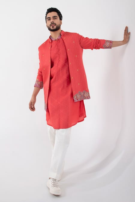 Smriti by Anju Agarwal Orange Nehru Jacket Linen Satin Embroidered Beads Kurta Set With 