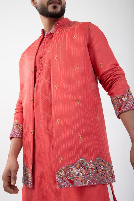 Buy Smriti By Anju Agarwal Orange Silk, Cotton, Linen, Satin Beads, Embroidery Kurta Set With Nehru Jacket Online at Aza Fashions Buy_Smriti By Anju Agarwal_Orange Silk, Cotton, Linen, Satin Beads, Embroidery Kurta Set With Nehru Jacket _Online_at_Aza_Fashions