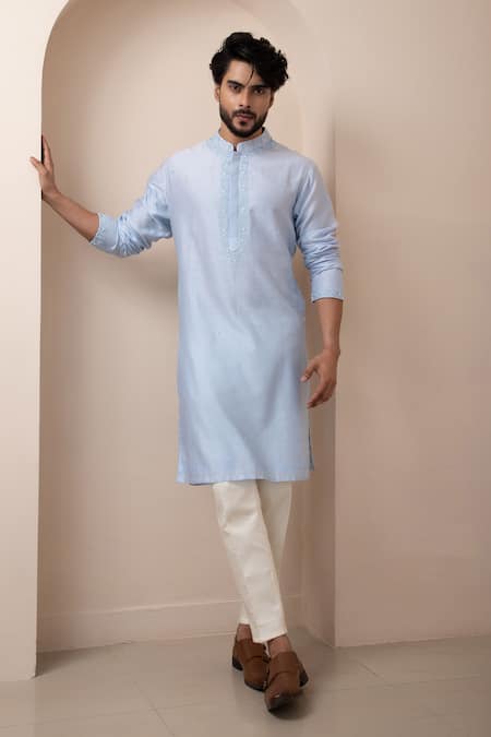 Smriti by Anju Agarwal Blue Kurta Chanderi Mulmul Hand Embroidered Beads And Threadwork With Pant 