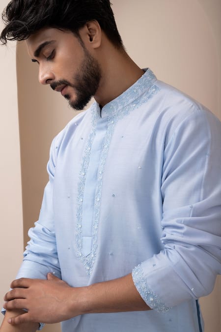 Buy Smriti By Anju Agarwal Blue Chanderi, Cotton Beads, Embroidery And Threadwork Kurta With Pant Online at Aza Fashions Buy_Smriti By Anju Agarwal_Blue Chanderi, Cotton Beads, Embroidery And Threadwork Kurta With Pant _Online_at_Aza_Fashions