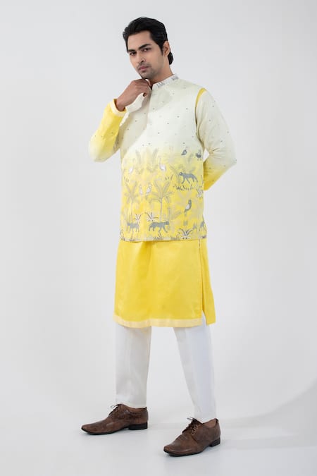 Smriti by Anju Agarwal Yellow Nehru Jacket Linen Satin Embroidered Sequins Ombre Kurta Set With 