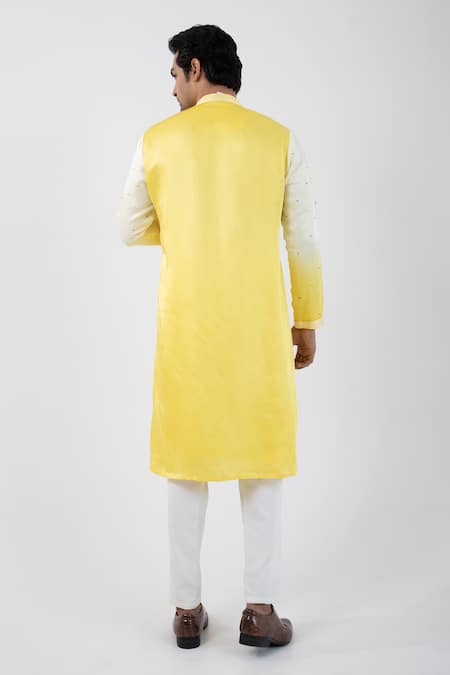 Smriti By Anju Agarwal Yellow Linen, Satin, Cotton Sequins, Ombre Kurta Set With Nehru Jacket Online at Aza Fashions Smriti By Anju Agarwal_Yellow Linen, Satin, Cotton Sequins, Ombre Kurta Set With Nehru Jacket _Online_at_Aza_Fashions