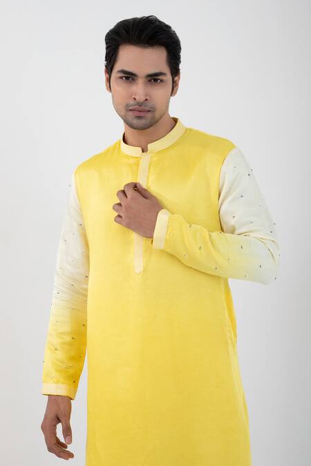 Shop Smriti By Anju Agarwal Yellow Linen, Satin, Cotton Sequins, Ombre Kurta Set With Nehru Jacket Online at Aza Fashions Shop_Smriti By Anju Agarwal_Yellow Linen, Satin, Cotton Sequins, Ombre Kurta Set With Nehru Jacket _Online_at_Aza_Fashions