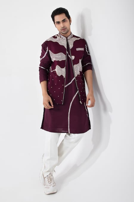 Smriti by Anju Agarwal Maroon Nehru Jacket Handloom Cotton Hand Merlot Bliss Kurta Set With 