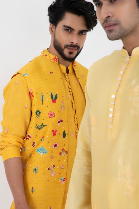 Buy_Smriti By Anju Agarwal_Yellow , Organza, Cotton Sequins, Beads, Kurta Set With Nehru Jacket _Online_at_Aza_Fashions