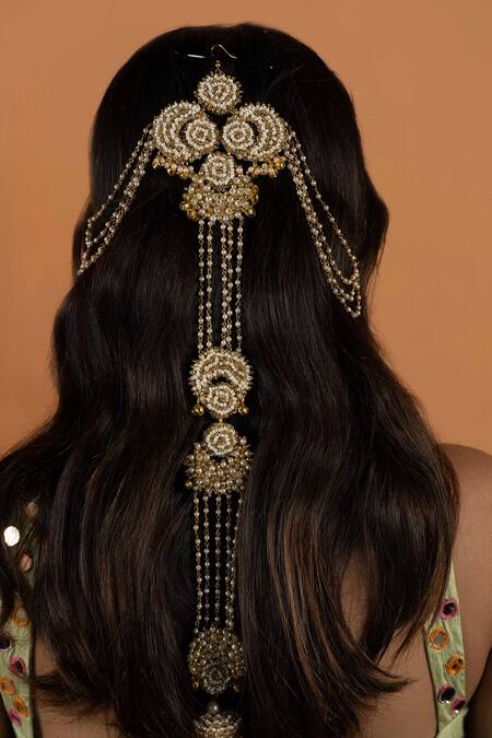 Shop Kanyaadhan By Dhirajaayushi Gold Beads Pearl Embellished Hair Accessory at Aza Fashions Shop_Kanyaadhan By Dhirajaayushi_Gold Beads Pearl Embellished Hair Accessory_at_Aza_Fashions