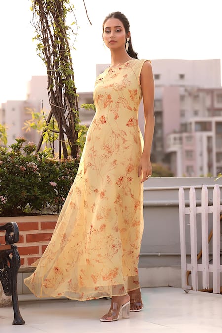 Seesa Cream Organza, Silk Beads Round Neck Floral Print Layered Maxi Dress 