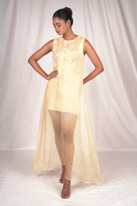 Buy Seesa Cream Organza, Silk Embroidery Round Neck Bodice Double Layered Dress Buy_Seesa_Cream Organza, Silk Embroidery Round Neck Bodice Double Layered Dress