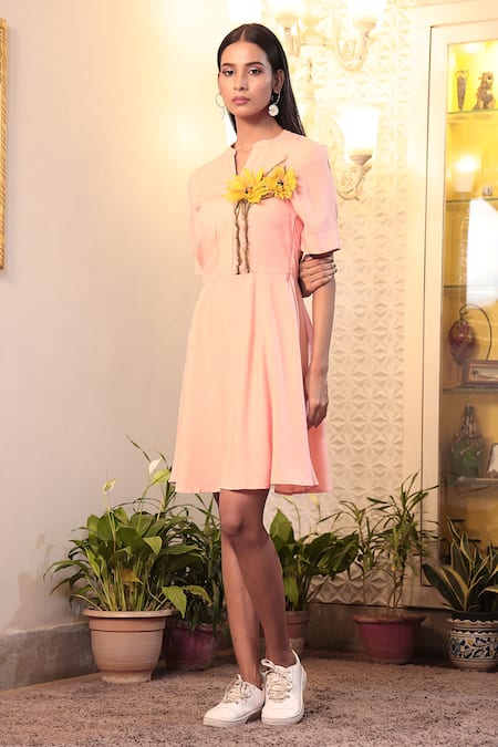 Seesa Pink Viscose Embroidered 3d Sunflower Mandarin Collar Rinesa Skater Dress