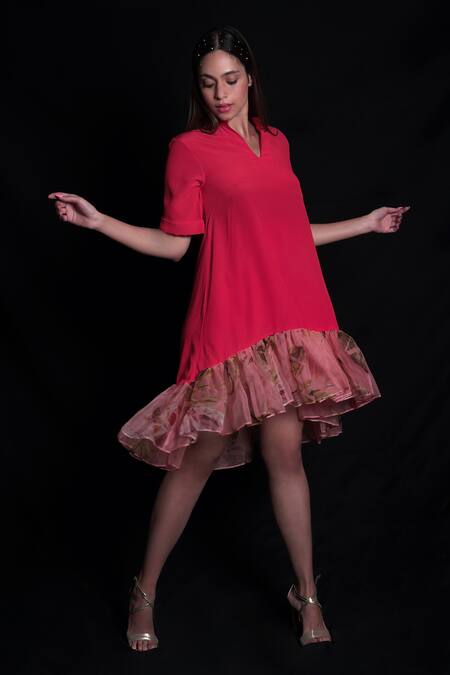 Buy_Seesa_Red Crepe V-neck Printed Ruffle Dress