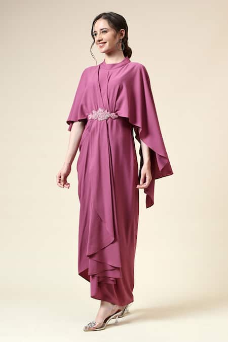 Aakaar_Pink Modal, Crepe Crystals Round , Crew Berry Draped Dress _Online_at_Aza_Fashions