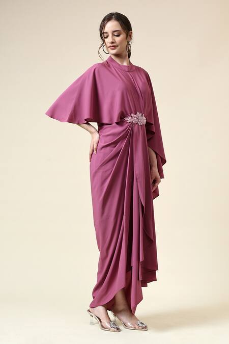 Buy_Aakaar_Pink Modal, Crepe Crystals Round , Crew Berry Draped Dress _Online_at_Aza_Fashions