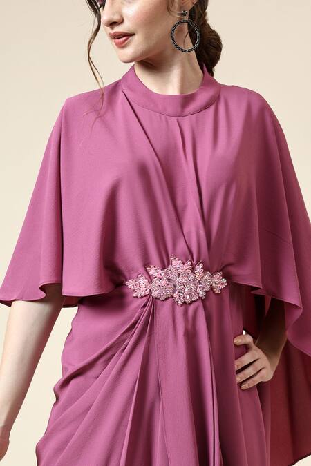 Shop_Aakaar_Pink Modal, Crepe Crystals Round , Crew Berry Draped Dress _Online_at_Aza_Fashions