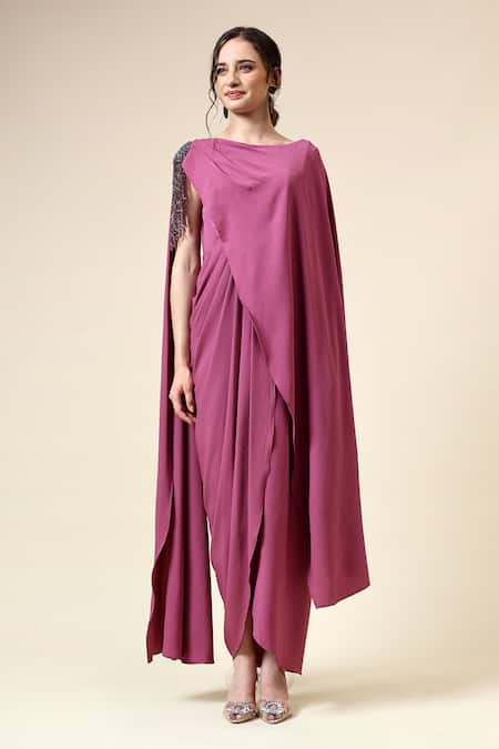 Aakaar_Pink Crepe Crystals Boat Neck Embellished Draped Dress _Online_at_Aza_Fashions