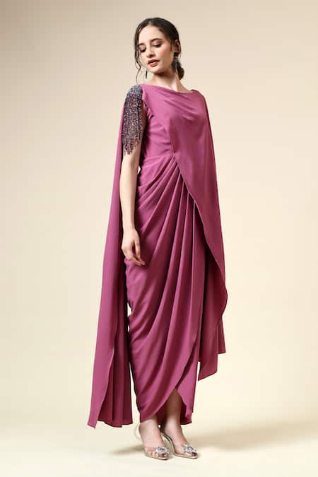 Buy_Aakaar_Pink Crepe Crystals Boat Neck Embellished Draped Dress _Online_at_Aza_Fashions