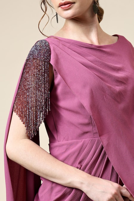 Shop_Aakaar_Pink Crepe Crystals Boat Neck Embellished Draped Dress _Online_at_Aza_Fashions