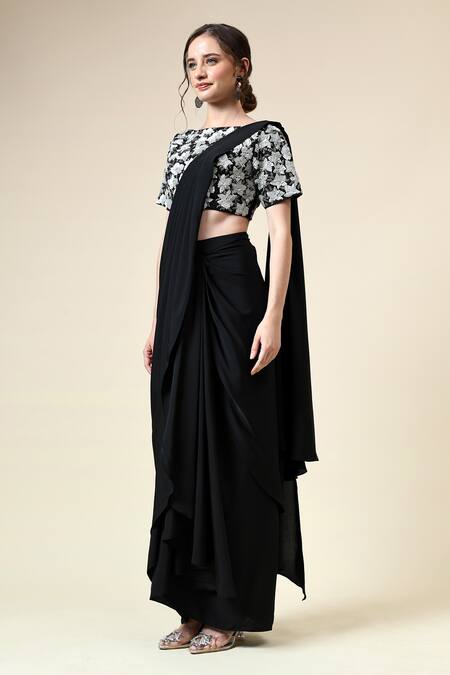 Aakaar_Black Modal Sequins, Beads Boat Neck Pre-draped Saree With Embroidered Blouse _Online_at_Aza_Fashions