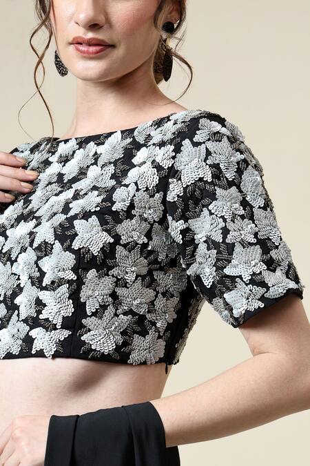 Shop_Aakaar_Black Modal Sequins, Beads Boat Neck Pre-draped Saree With Embroidered Blouse _Online_at_Aza_Fashions