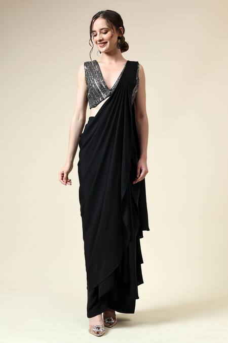 Aakaar_Black Modal, Crepe Sequins, Cut Pre-draped Saree With Cutdana Embroidered Blouse _Online_at_Aza_Fashions