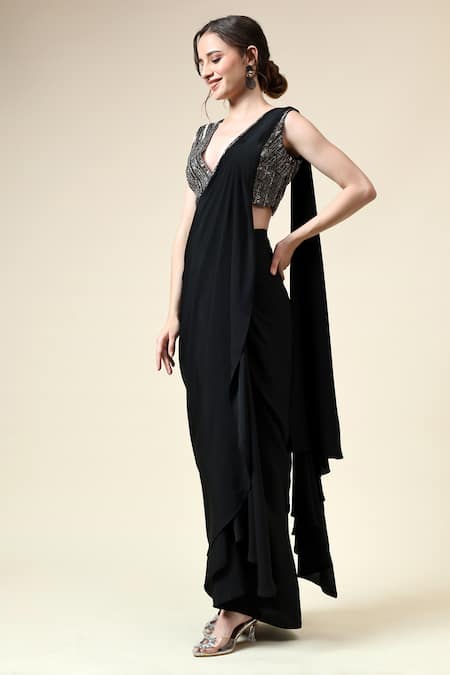 Buy_Aakaar_Black Modal, Crepe Sequins, Cut Pre-draped Saree With Cutdana Embroidered Blouse _Online_at_Aza_Fashions