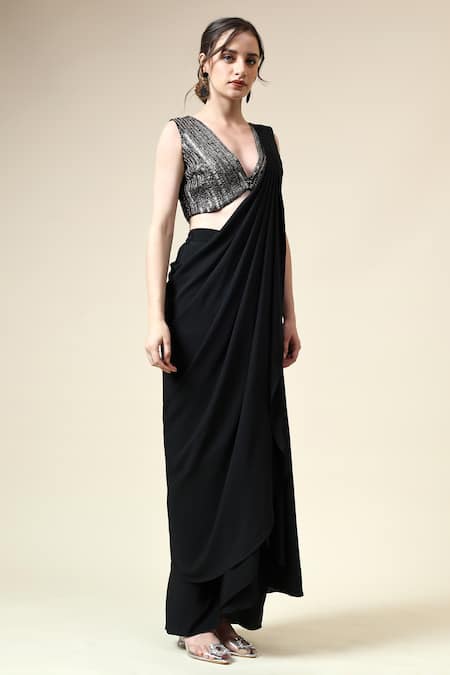 Shop_Aakaar_Black Modal, Crepe Sequins, Cut Pre-draped Saree With Cutdana Embroidered Blouse _Online_at_Aza_Fashions