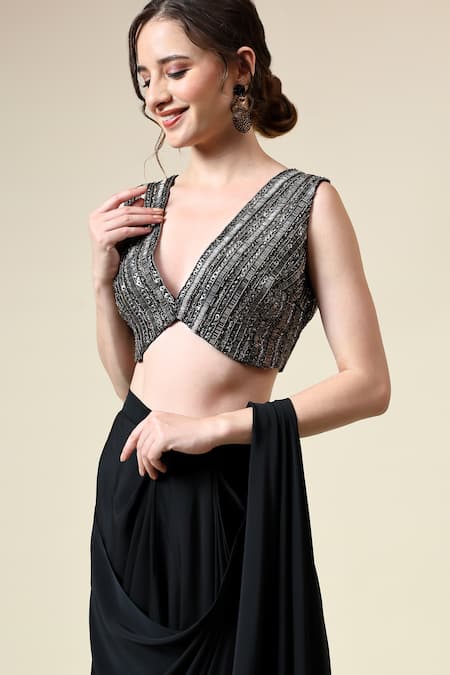 Aakaar_Black Modal, Crepe Sequins, Cut Pre-draped Saree With Cutdana Embroidered Blouse _at_Aza_Fashions