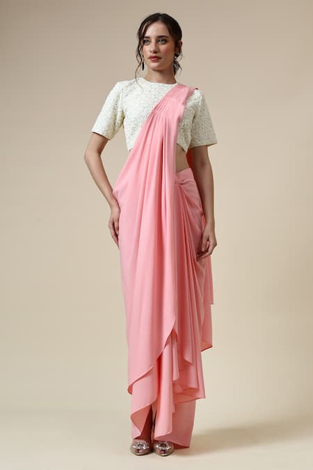 Aakaar Pink Moss Crepe Embroidered Sequins Closed Round Pre-draped Saree With Blouse 