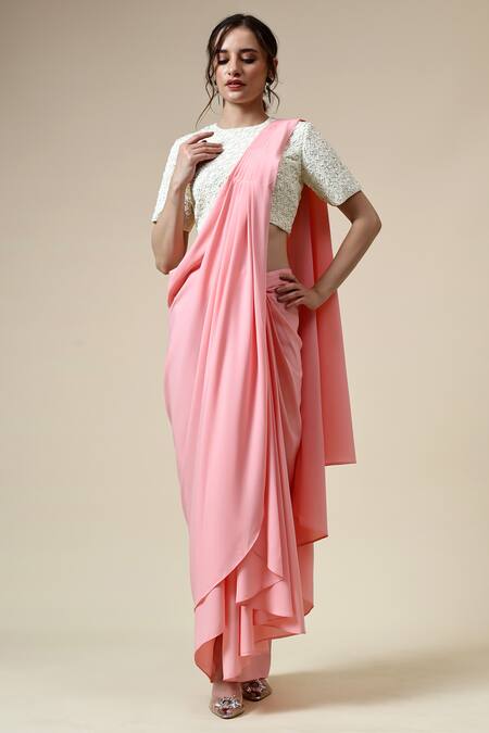 Aakaar_Pink Modal Sequins, Beads Round Neck Pre-draped Saree With Embroidered Blouse _Online_at_Aza_Fashions