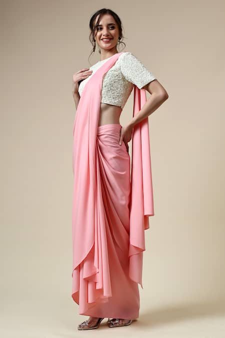 Buy_Aakaar_Pink Modal Sequins, Beads Round Neck Pre-draped Saree With Embroidered Blouse _Online_at_Aza_Fashions