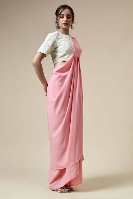 Shop_Aakaar_Pink Modal Sequins, Beads Round Neck Pre-draped Saree With Embroidered Blouse _Online_at_Aza_Fashions