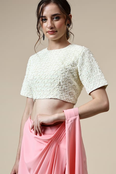 Aakaar_Pink Modal Sequins, Beads Round Neck Pre-draped Saree With Embroidered Blouse _at_Aza_Fashions