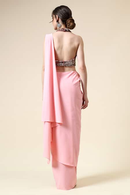 Shop Aakaar Pink Modal, Crepe Beads Halter Neck Pre-draped Saree With Embroidered Blouse at Aza Fashions Shop_Aakaar_Pink Modal, Crepe Beads Halter Neck Pre-draped Saree With Embroidered Blouse _at_Aza_Fashions