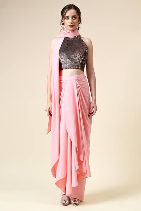 Aakaar_Pink Modal, Crepe Beads Halter Neck Pre-draped Saree With Embroidered Blouse _Online_at_Aza_Fashions