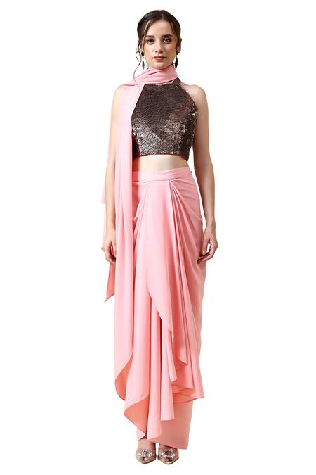 Buy Aakaar Pink Modal, Crepe Beads Halter Neck Pre-draped Saree With Embroidered Blouse Online at Aza Fashions Buy_Aakaar_Pink Modal, Crepe Beads Halter Neck Pre-draped Saree With Embroidered Blouse _Online_at_Aza_Fashions