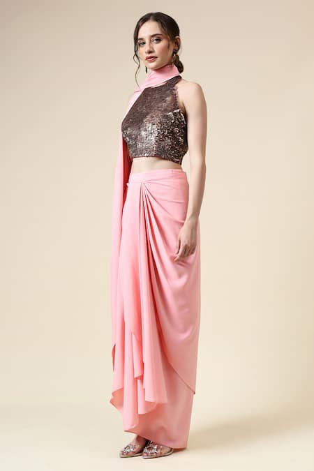 Shop_Aakaar_Pink Modal, Crepe Beads Halter Neck Pre-draped Saree With Embroidered Blouse _Online_at_Aza_Fashions