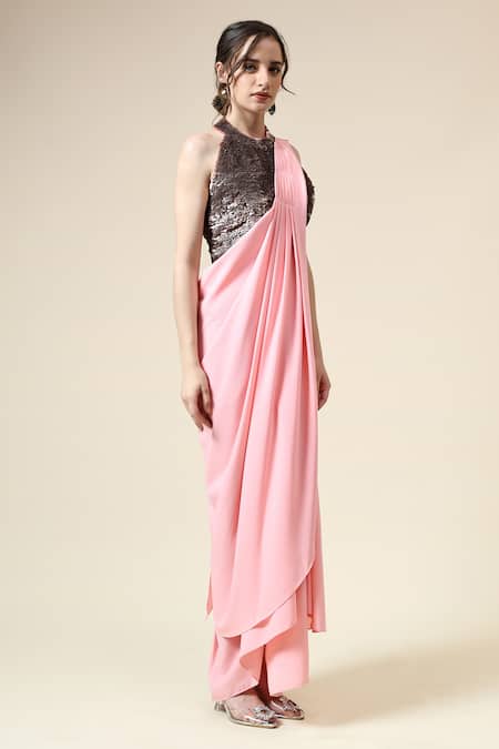 Aakaar_Pink Modal, Crepe Beads Halter Neck Pre-draped Saree With Embroidered Blouse _at_Aza_Fashions
