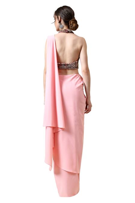 Shop Aakaar Pink Modal, Crepe Beads Halter Neck Pre-draped Saree With Embroidered Blouse Shop_Aakaar_Pink Modal, Crepe Beads Halter Neck Pre-draped Saree With Embroidered Blouse